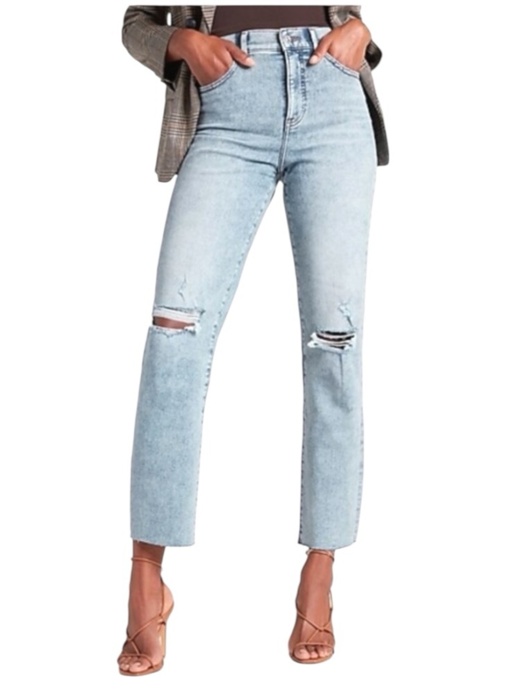 Express Modern Straight Super High Rise Jeans 8R Light Wash Distressed Raw Hem